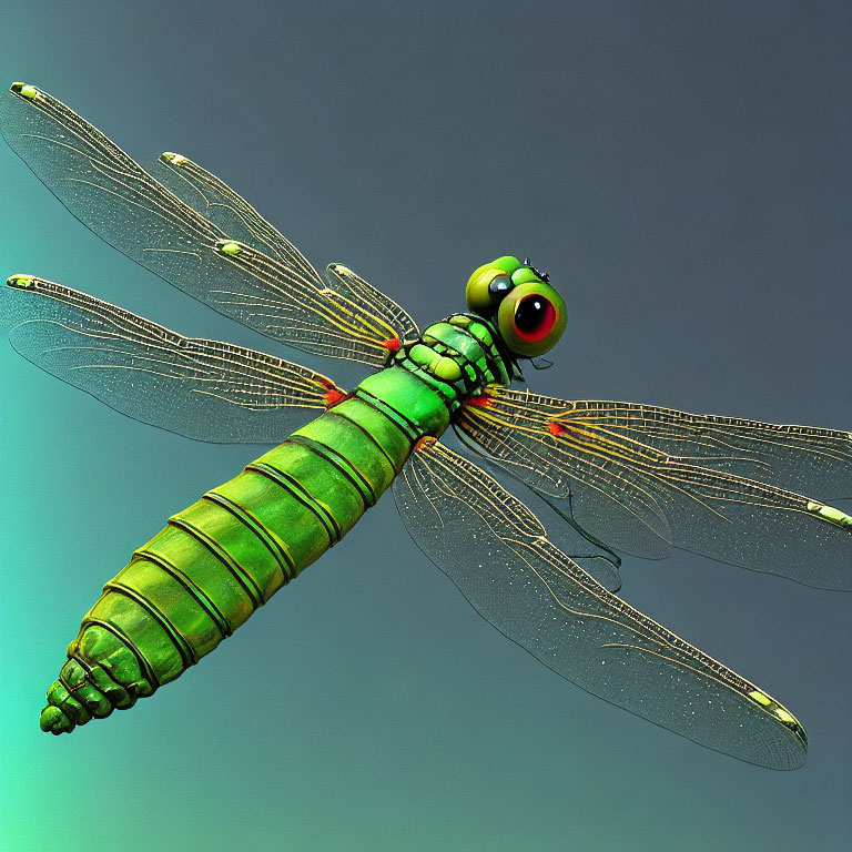 Whimsical cartoon-style dragonfly with oversized eyes and transparent wings