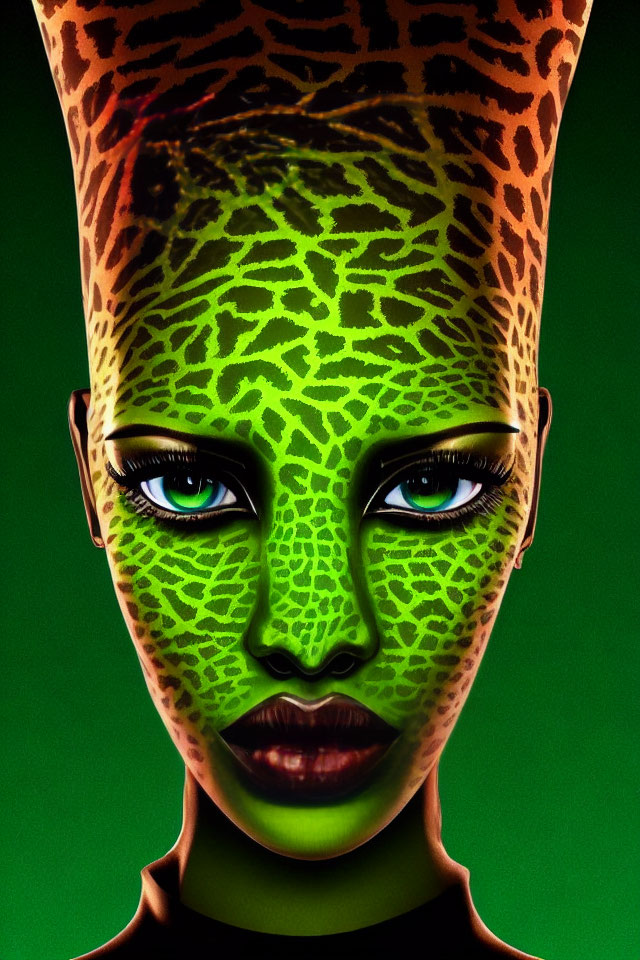 Digital Artwork: Woman with Giraffe Pattern Makeup and Blue Eyes on Green Background