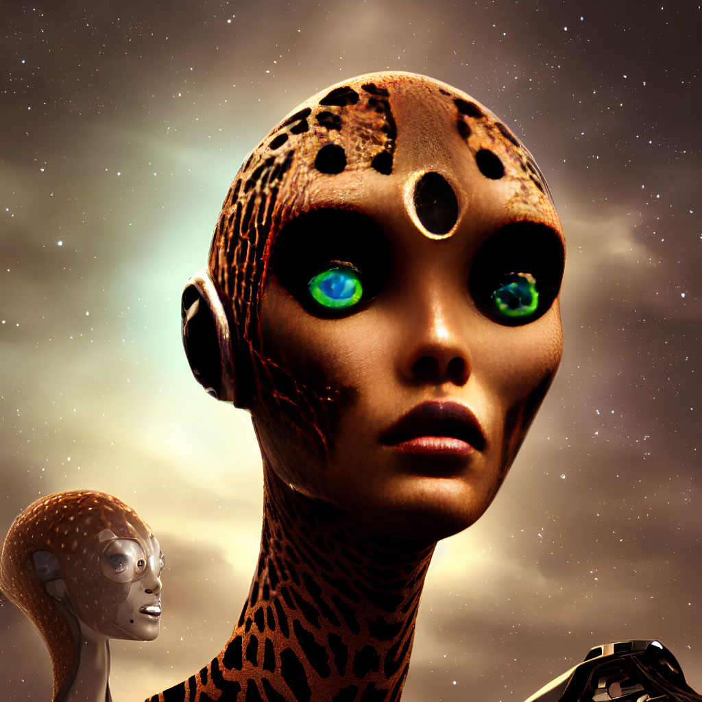 Humanoid robot with leopard pattern skin and green glowing eyes on starry sky backdrop