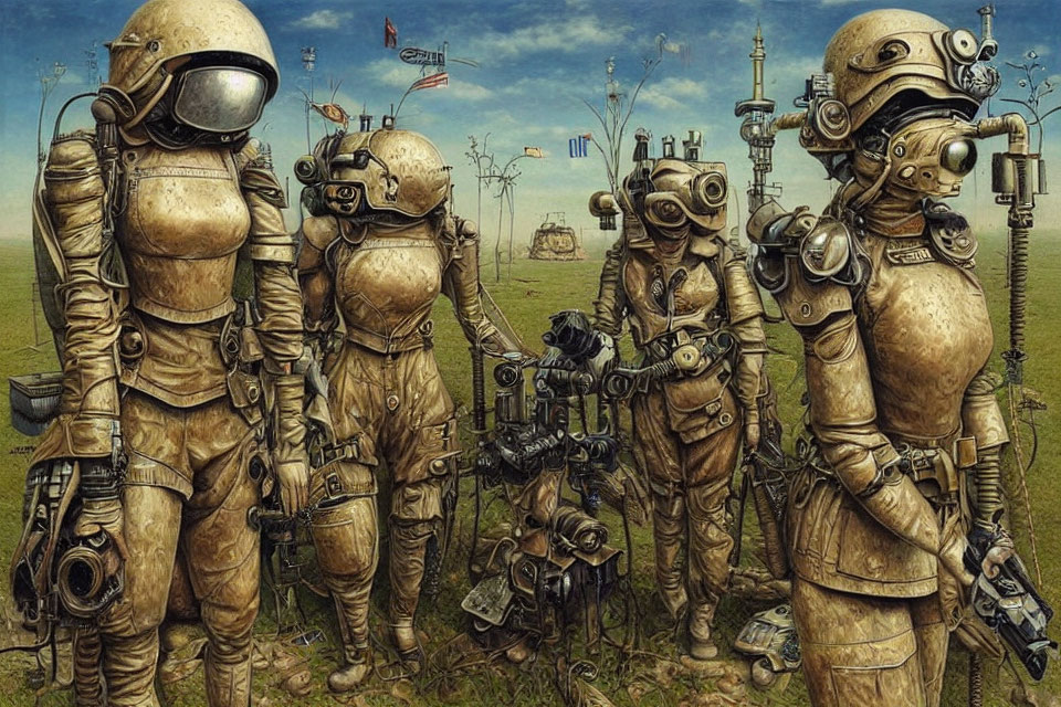 Retro-futuristic astronauts in brass suits with robotic dogs in desolate landscape