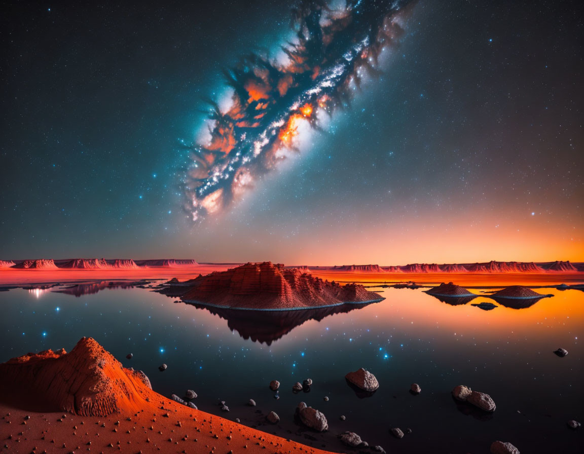 Stunning Milky Way over serene lake and desert landscape