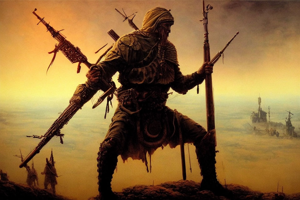 Post-apocalyptic warrior armed with rifle and spear in desolate landscape.