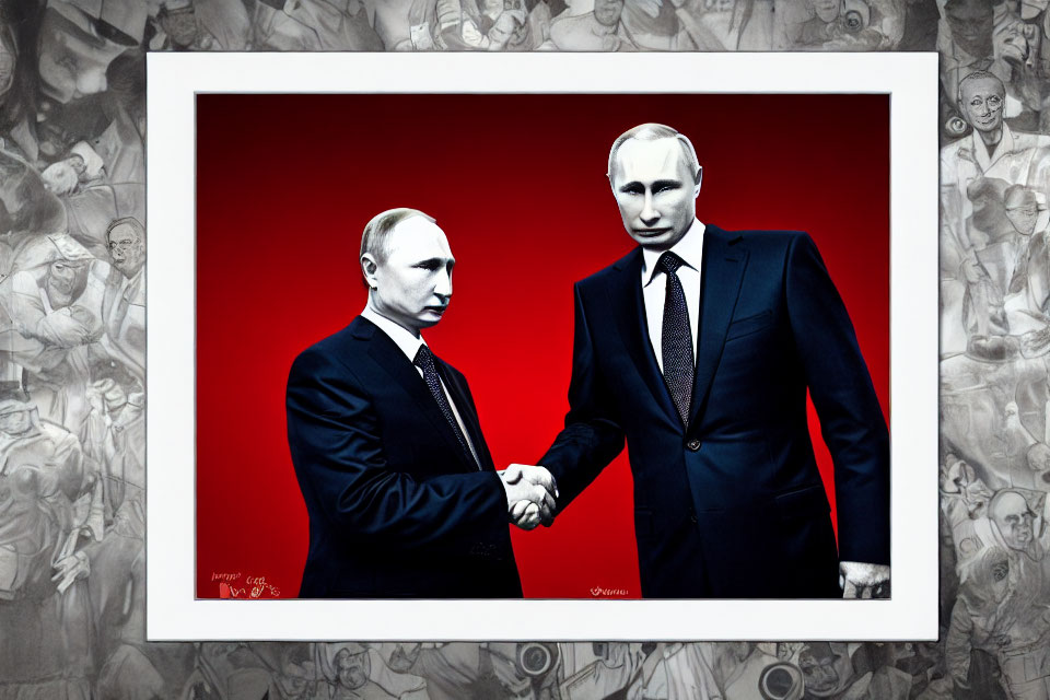 Identical figures shaking hands on red background with sketched figures.