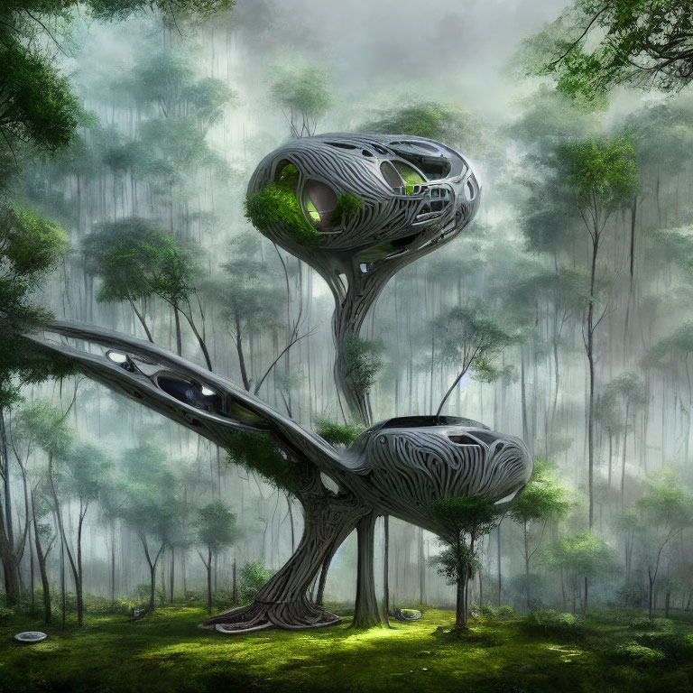 Organic futuristic treehouse in misty forest landscape