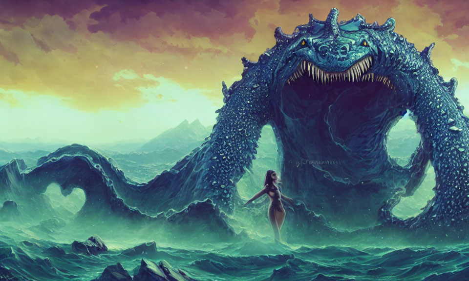 Gigantic blue sea dragon and woman on rocky shore