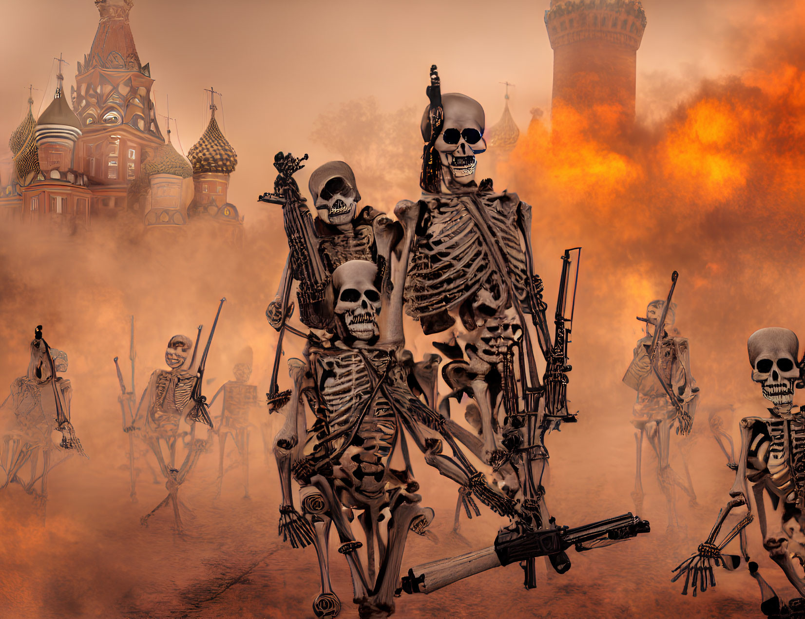 Surreal battlefield with armed skeletons and Moscow's Saint Basil's Cathedral