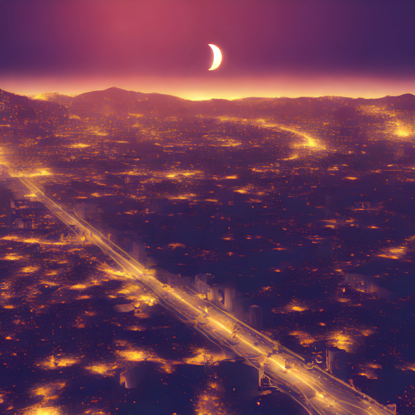 Cityscape at Night: Purple Hues, Illuminated Roads, Crescent Moon