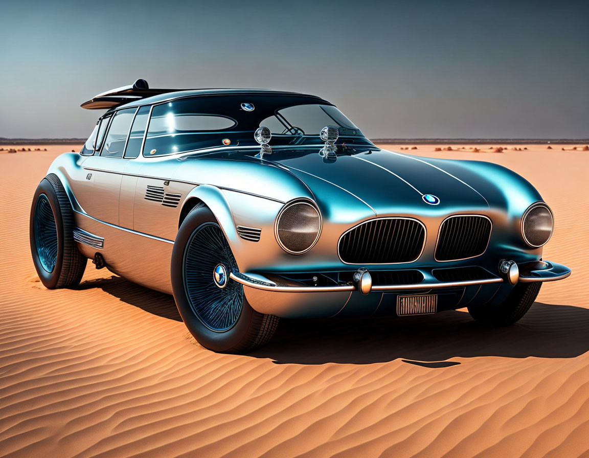 Vintage Silver Car with Blue Accents in Desert Landscape