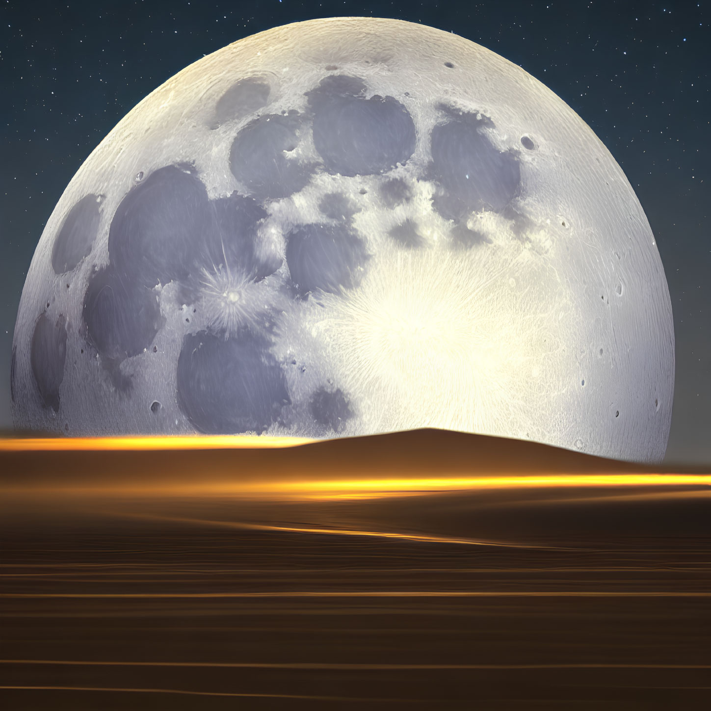 Detailed alien night sky with large moon over barren golden landscape