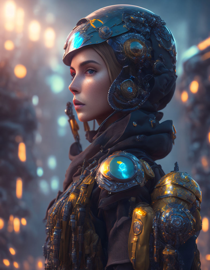 Futuristic armored woman with intricate helmet in glowing lights