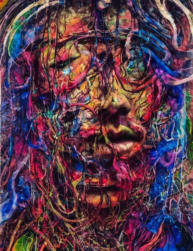 Colorful abstract painting of human face with vivid, chaotic textures