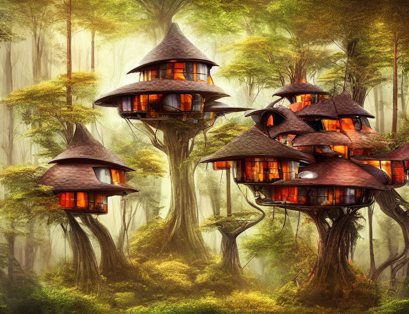 Enchanting forest with fantasy treehouses and glowing lights