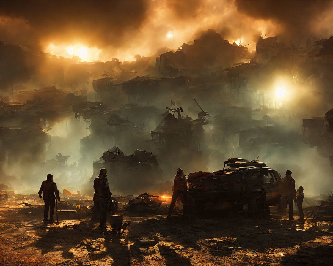 Dystopian scene with ruins, people, and ominous sky.