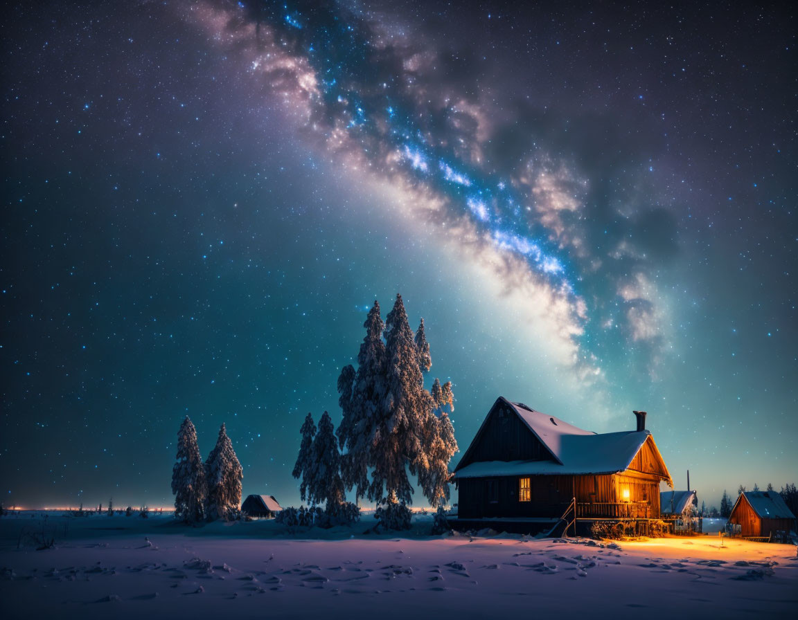 Snowy Twilight Scene: Cottage, Snow-Covered Trees, Milky Way