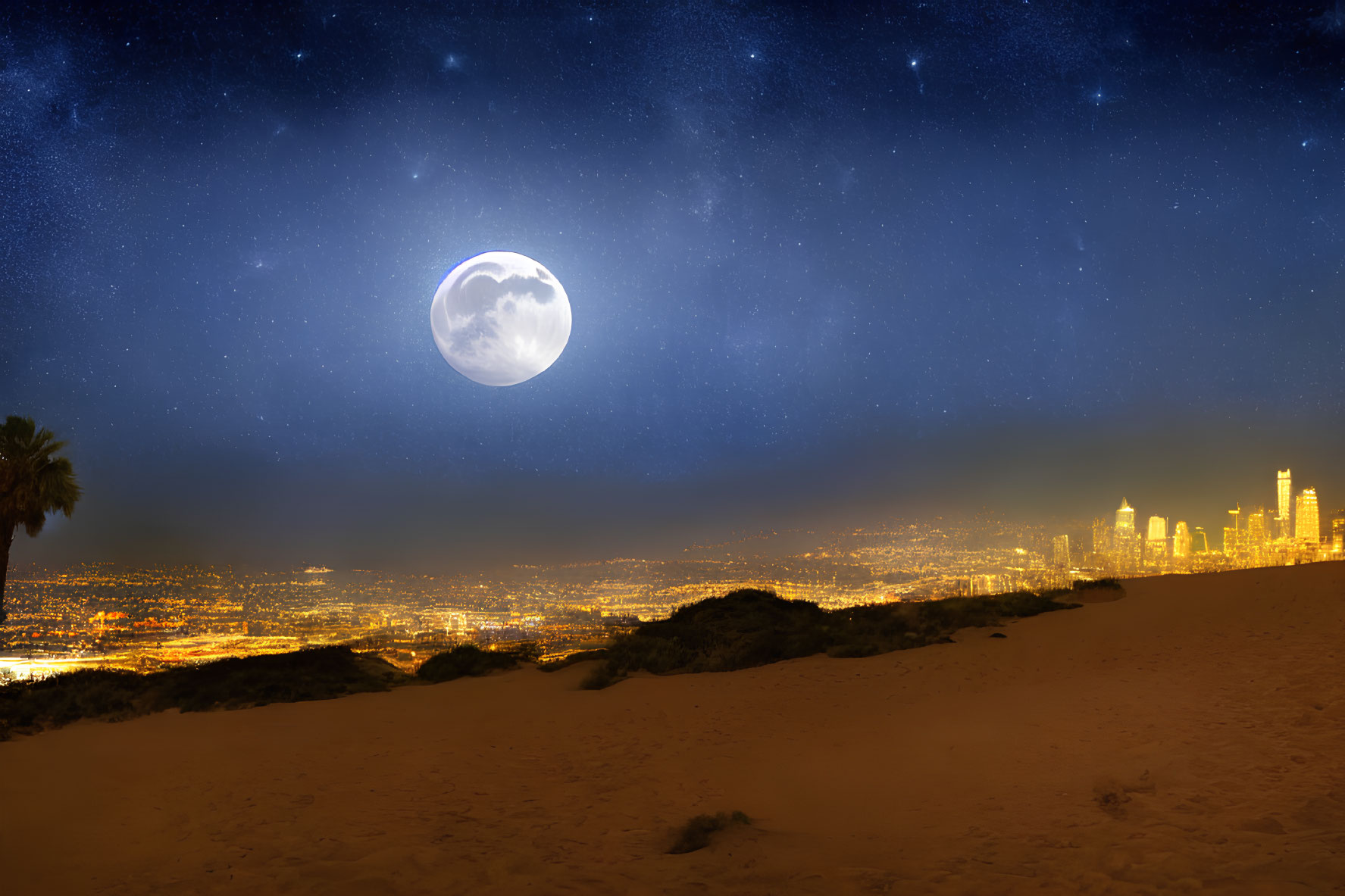 Cityscape under starry sky with large moon from sand dunes