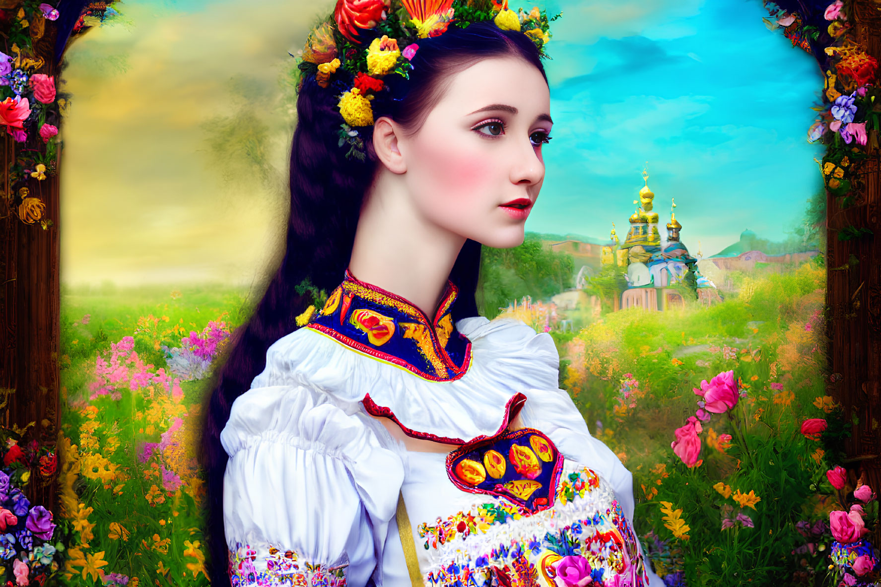 Traditional Ukrainian woman in floral headpiece against church landscape