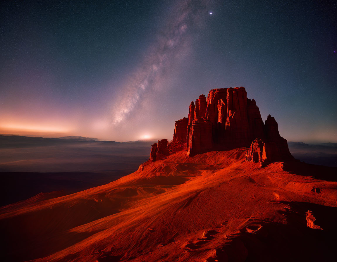 Rugged mountain under starry sky with warm red and orange tones