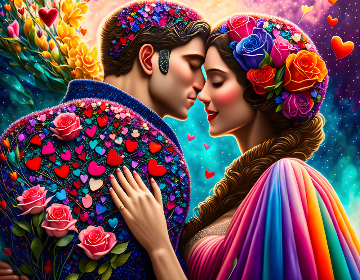 Colorful Romantic Couple Illustration with Floral and Heart Motifs