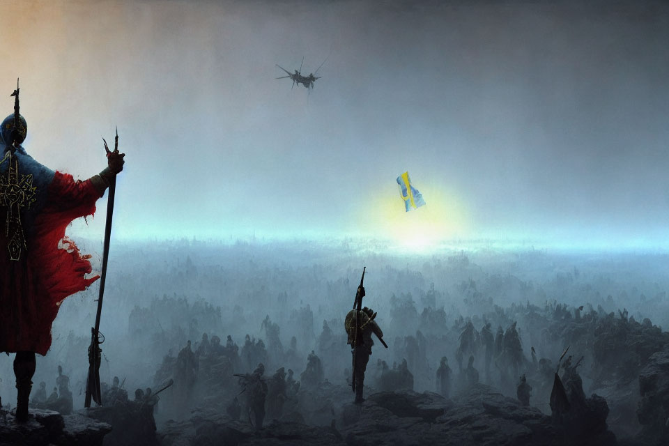 Fantasy battlefield with warriors, commanding figure, mystical light, hovering craft in smoky landscape