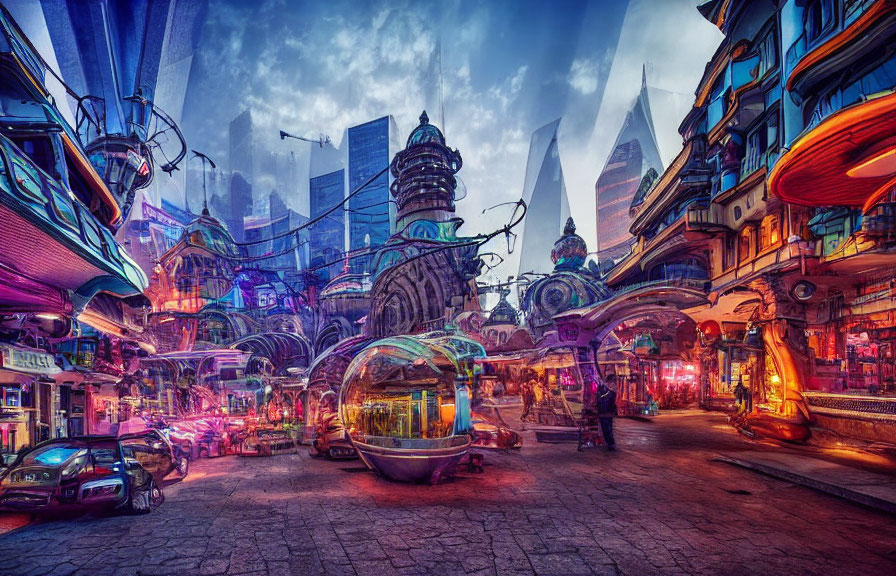 Futuristic cityscape with neon lights and flying vehicles