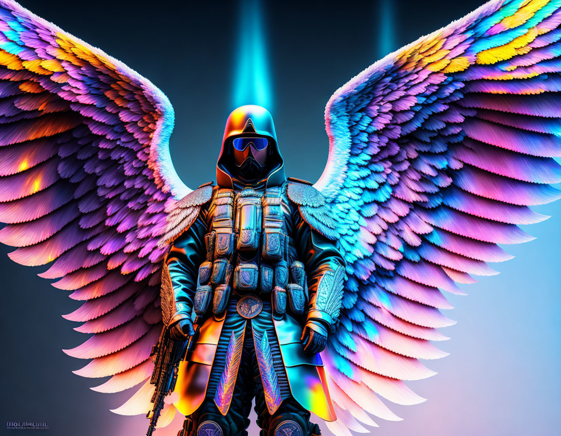 Colorful Digital Artwork of Futuristic Character with Rainbow Wings