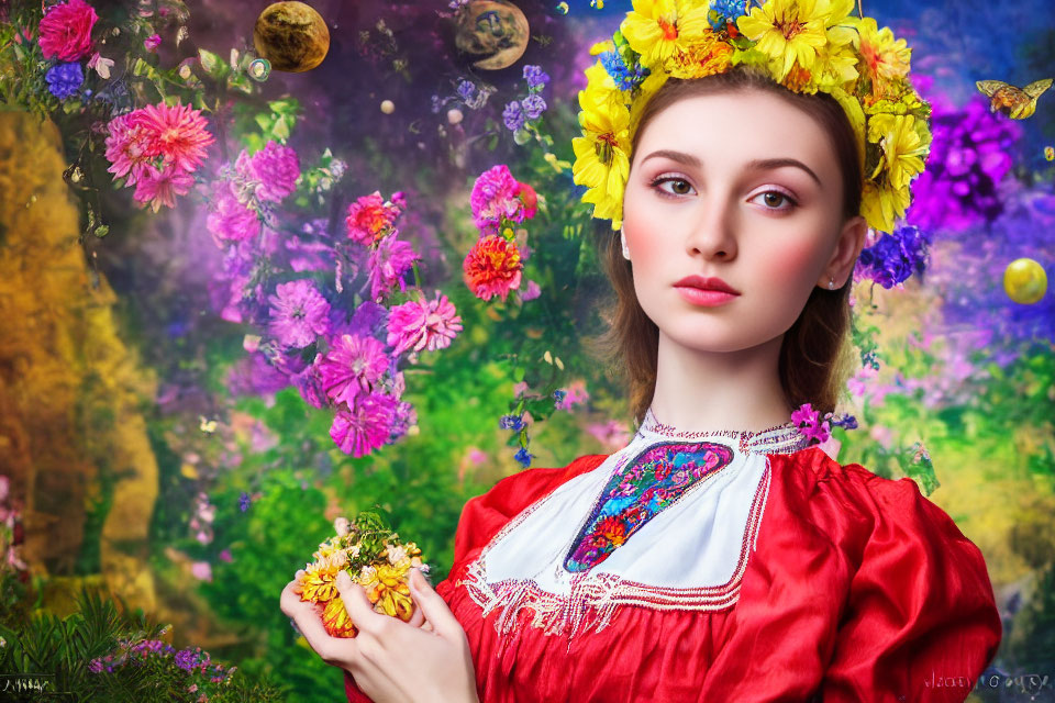 Traditional red outfit woman with flower wreath and bouquet against vibrant floral and celestial background