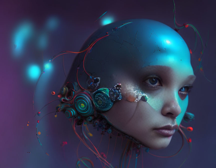 Surreal humanoid portrait with glossy turquoise head and intricate mechanical details.