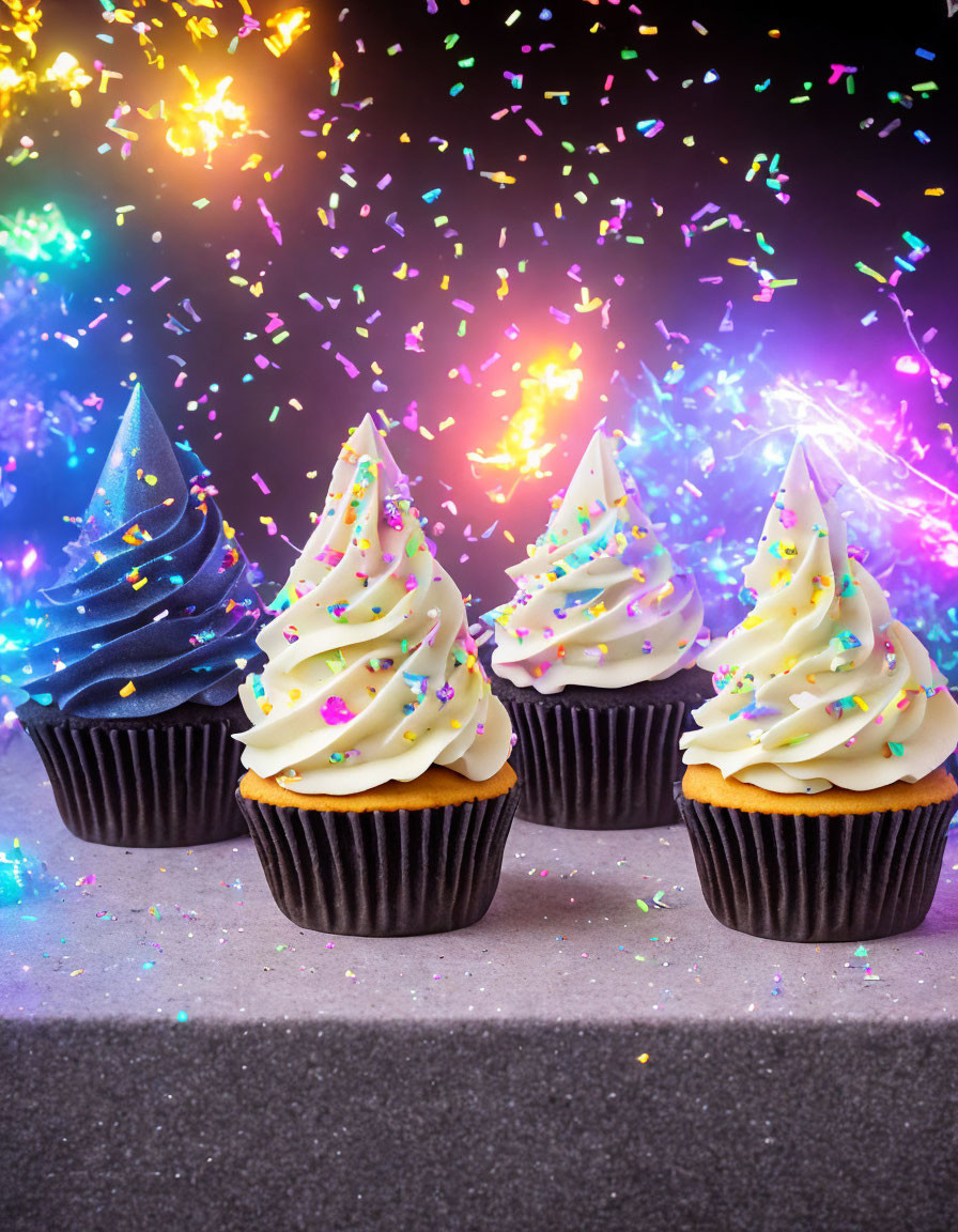 Colorful Cupcakes with Cream Frosting and Sprinkles on Sparkly Background