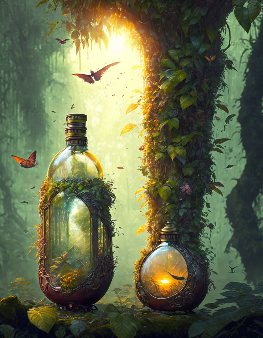 Enchanting forest scene with glowing bottles, lush greenery, birds, and butterflies