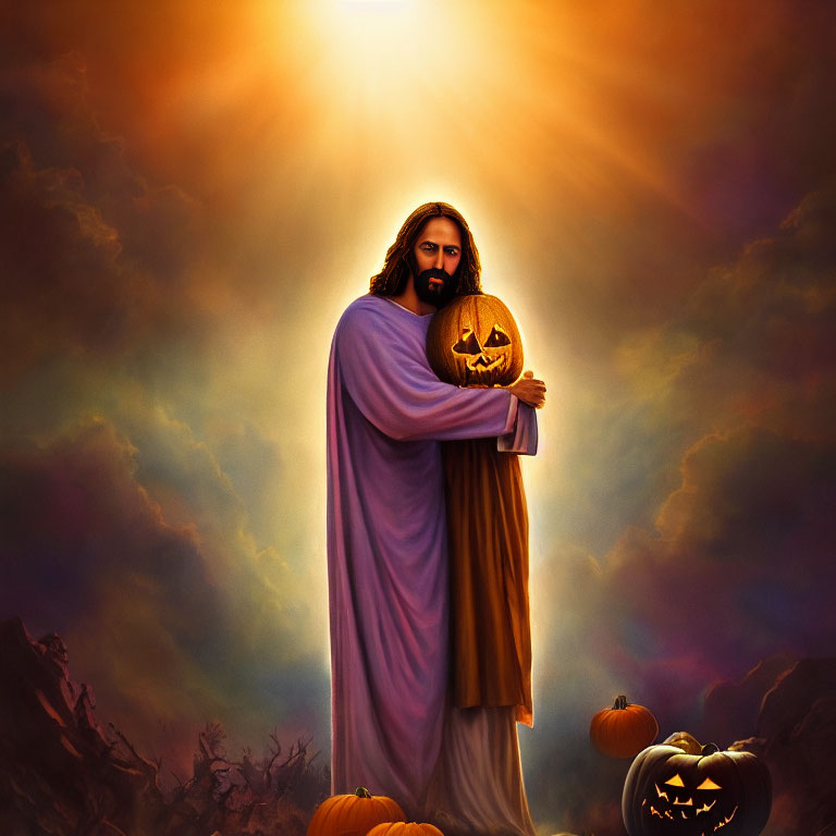 Person in Purple and Gold Robes with Carved Pumpkin and Glowing Sun