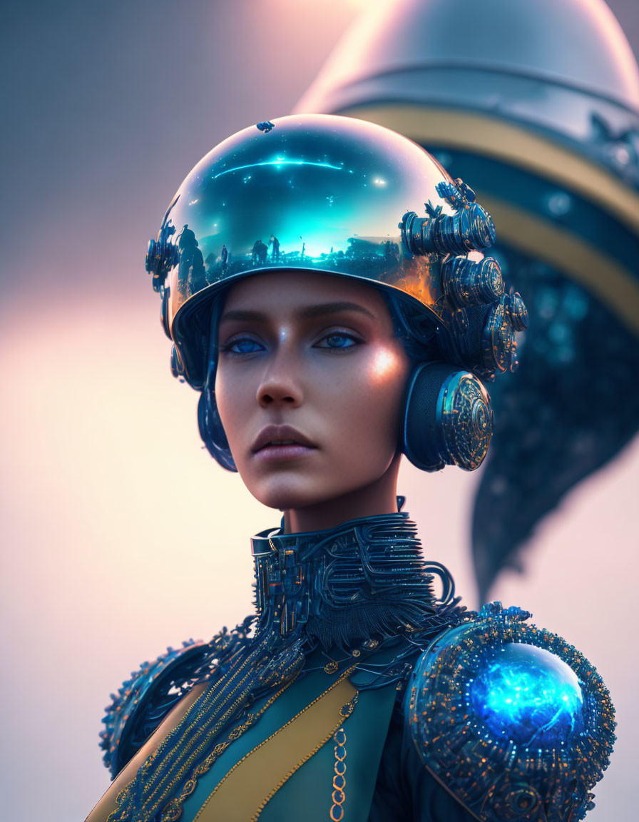 Futuristic woman with reflective helmet and glowing blue elements