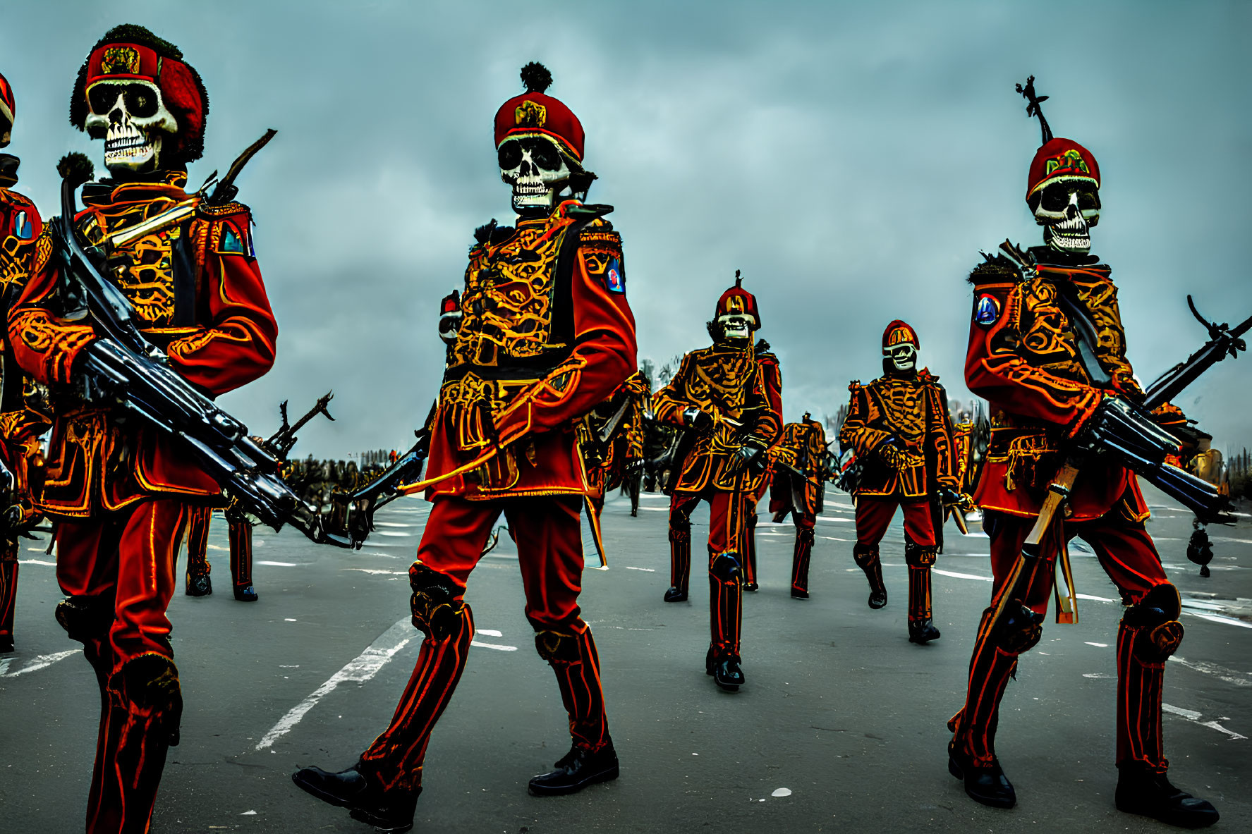 Skeleton and military uniform performers parade under overcast skies