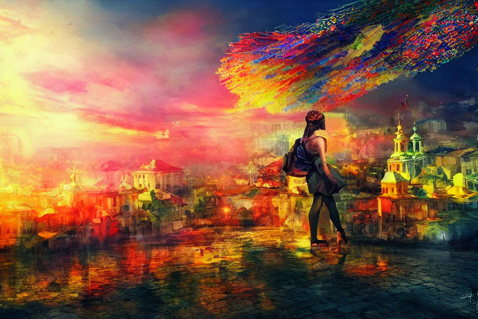 Backpacker admires vibrant abstract cityscape at sunset