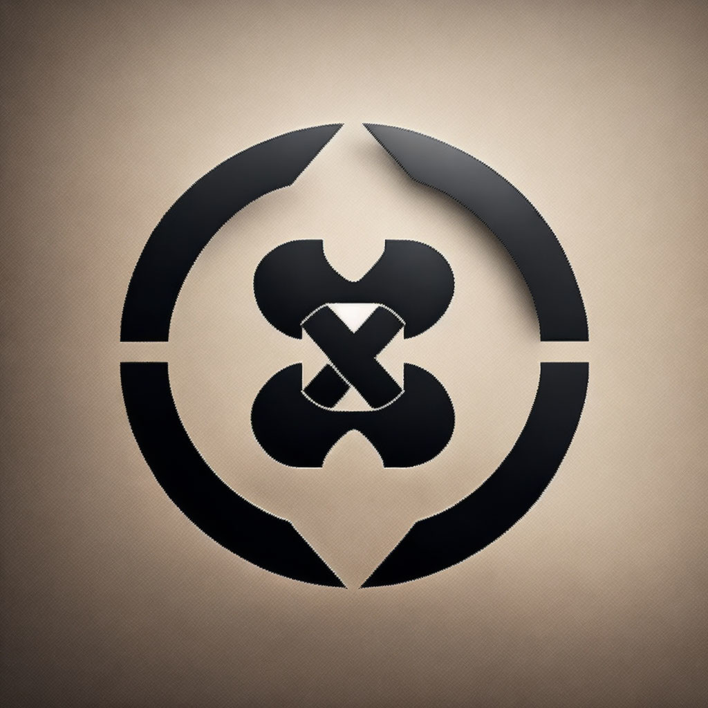 Circular black symbol with geometric shapes on textured beige background