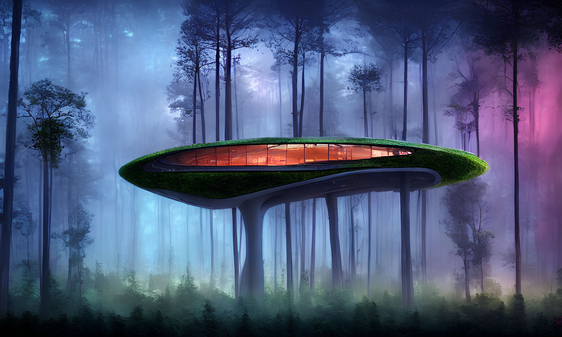 Futuristic glowing treehouse in misty forest with colorful lighting