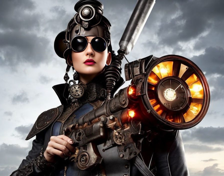 Steampunk woman with mechanical arm and futuristic weapon against cloudy sky