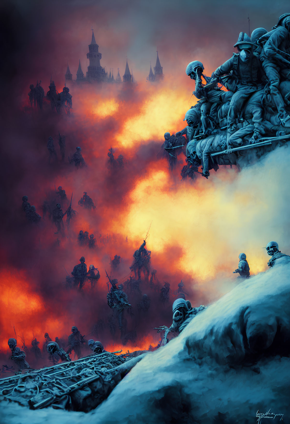 Fantasy battle scene with soldiers in heavy armor amidst fiery landscape