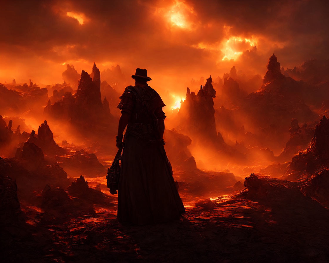 Silhouette of lone figure in hat in fiery volcanic landscape