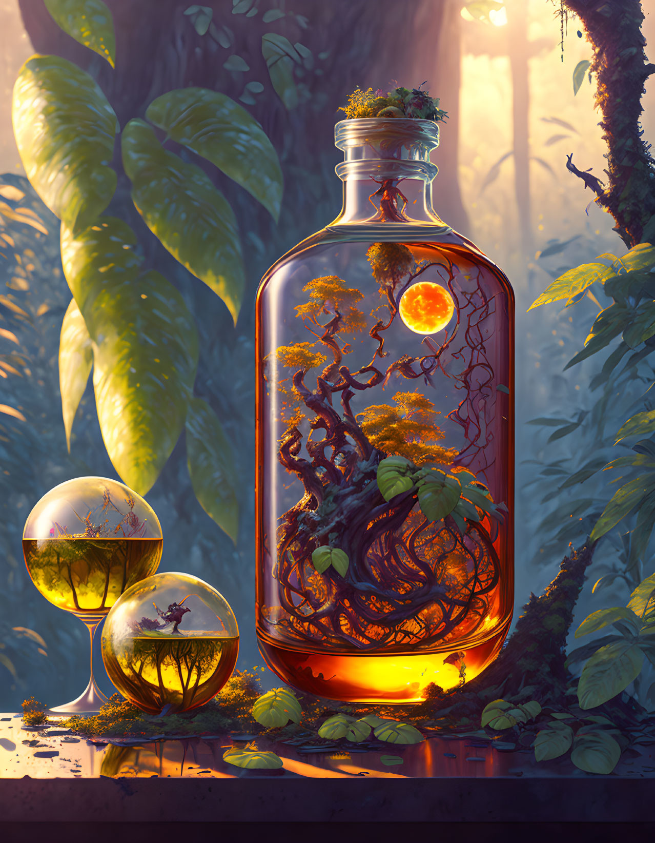 Fantastical image of bottle with miniature tree ecosystem and reflective orbs