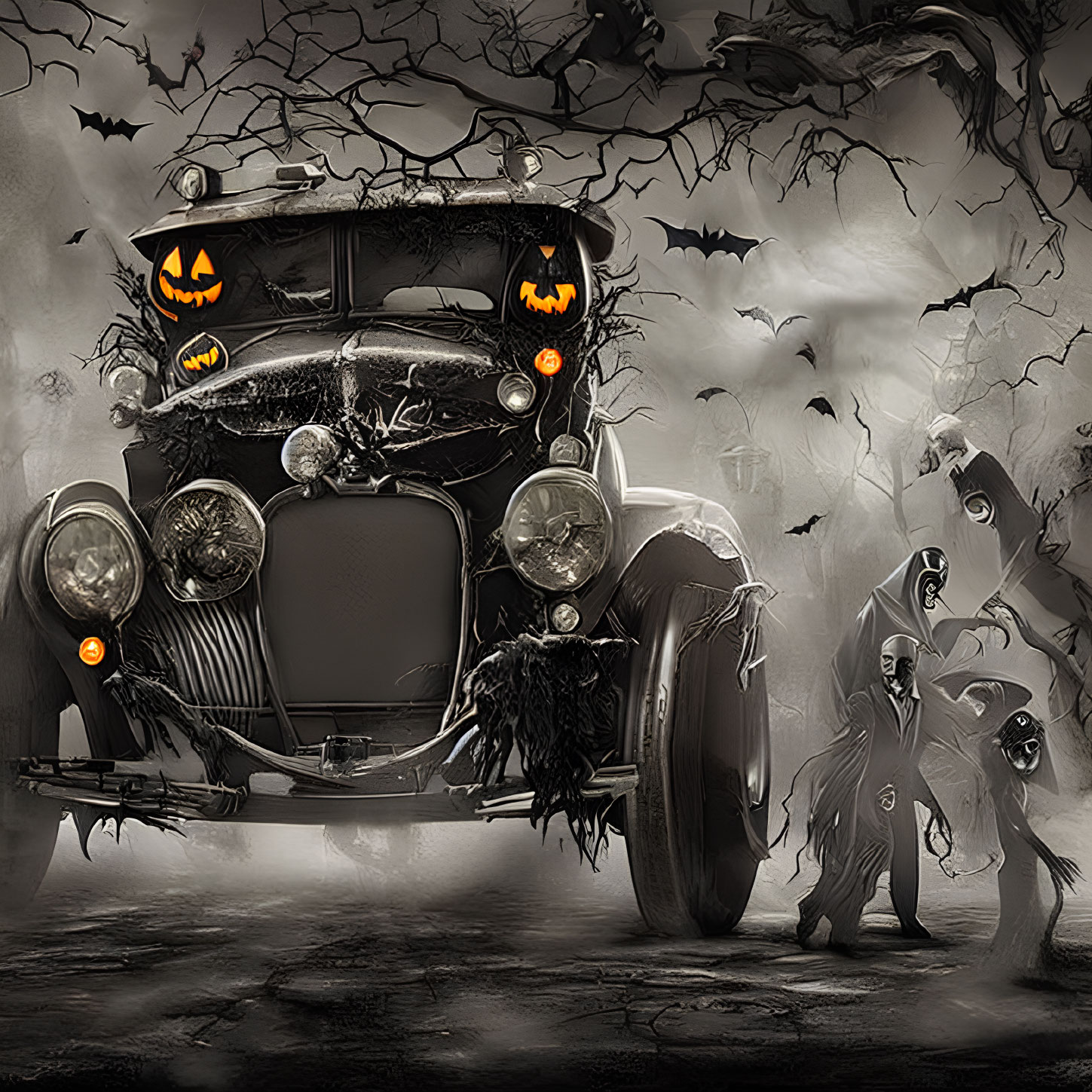 Vintage car with jack-o'-lanterns and bats, ghosts in misty scene