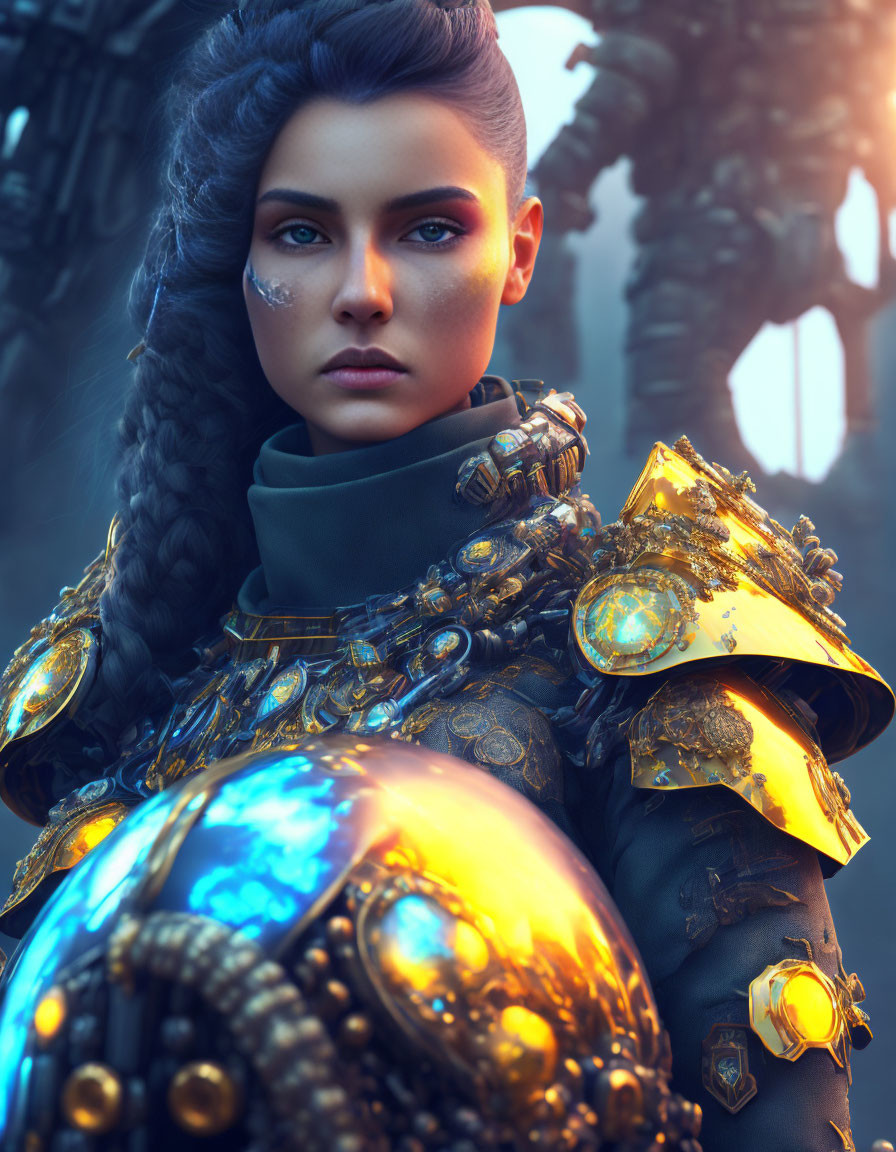 Woman in ornate golden armor with blue eyes in misty forest.