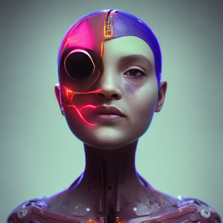 Multicolored humanoid robot with exposed mechanical face and dark eye socket