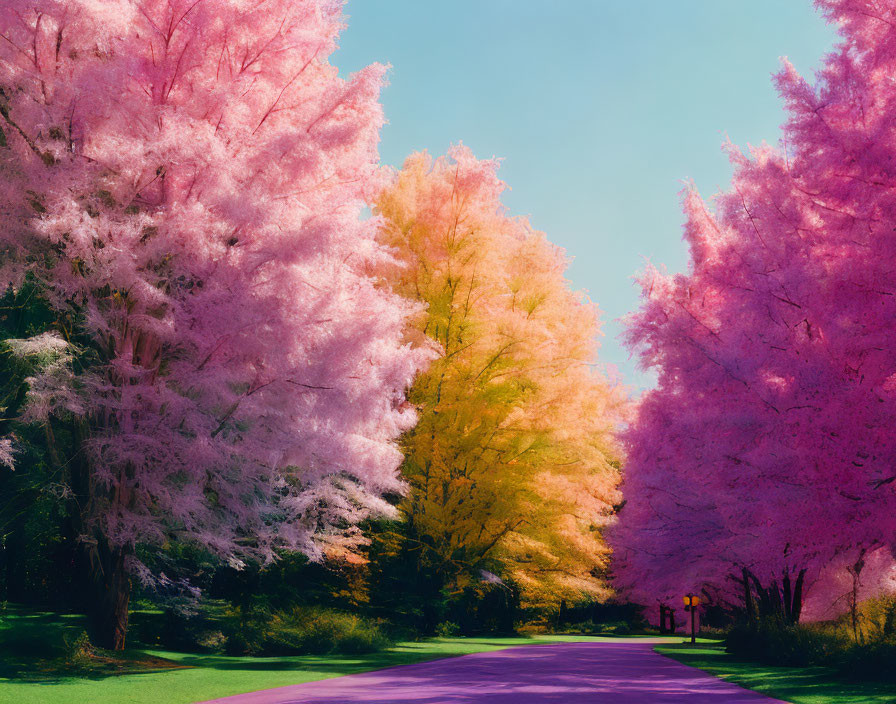 Colorful park with surreal pink and yellow trees on purple path