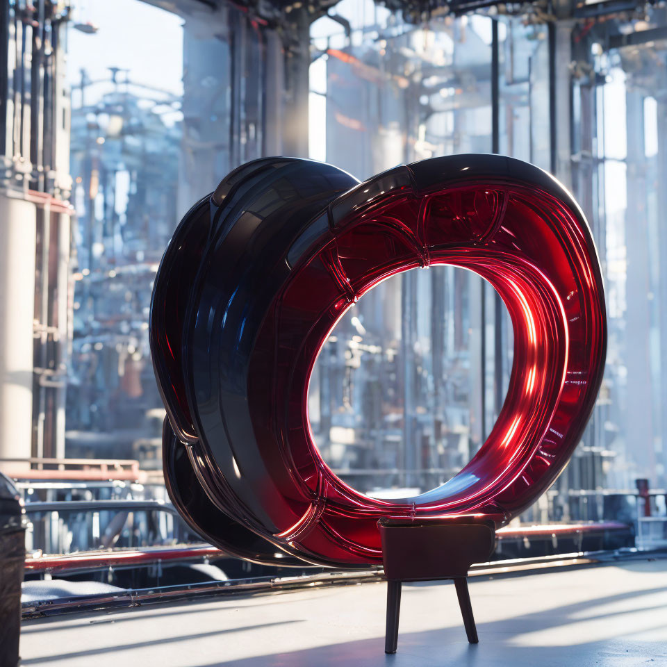 Red glossy doughnut sculpture on platform in industrial setting with pipelines.