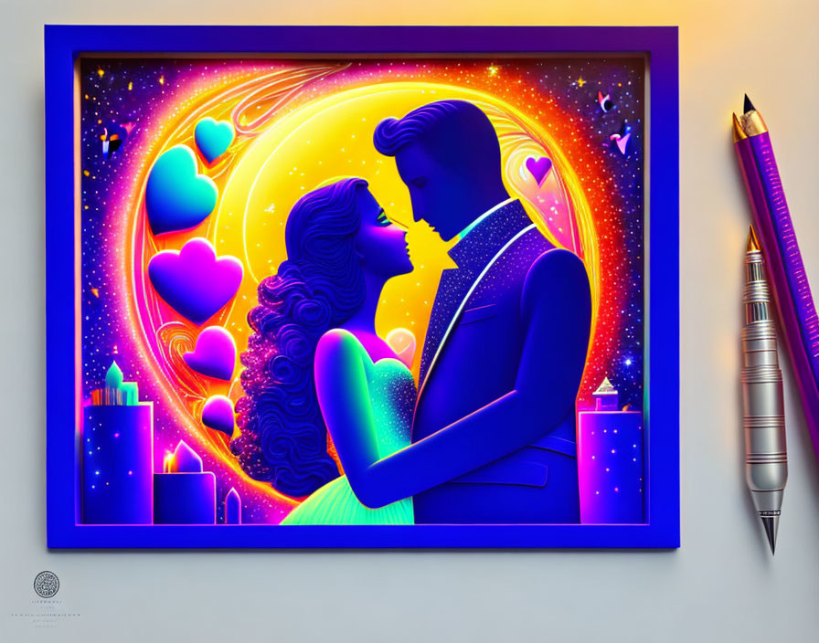 Colorful illustration of embracing couple with hearts, cosmic motifs, cityscape, and pencil.