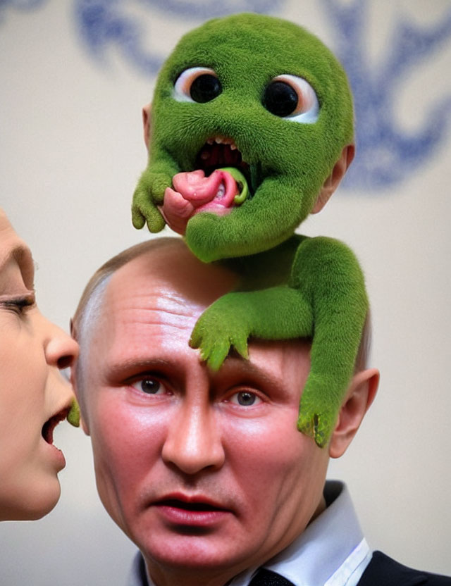 Surreal image of person with green creature on head interacting with another person's face