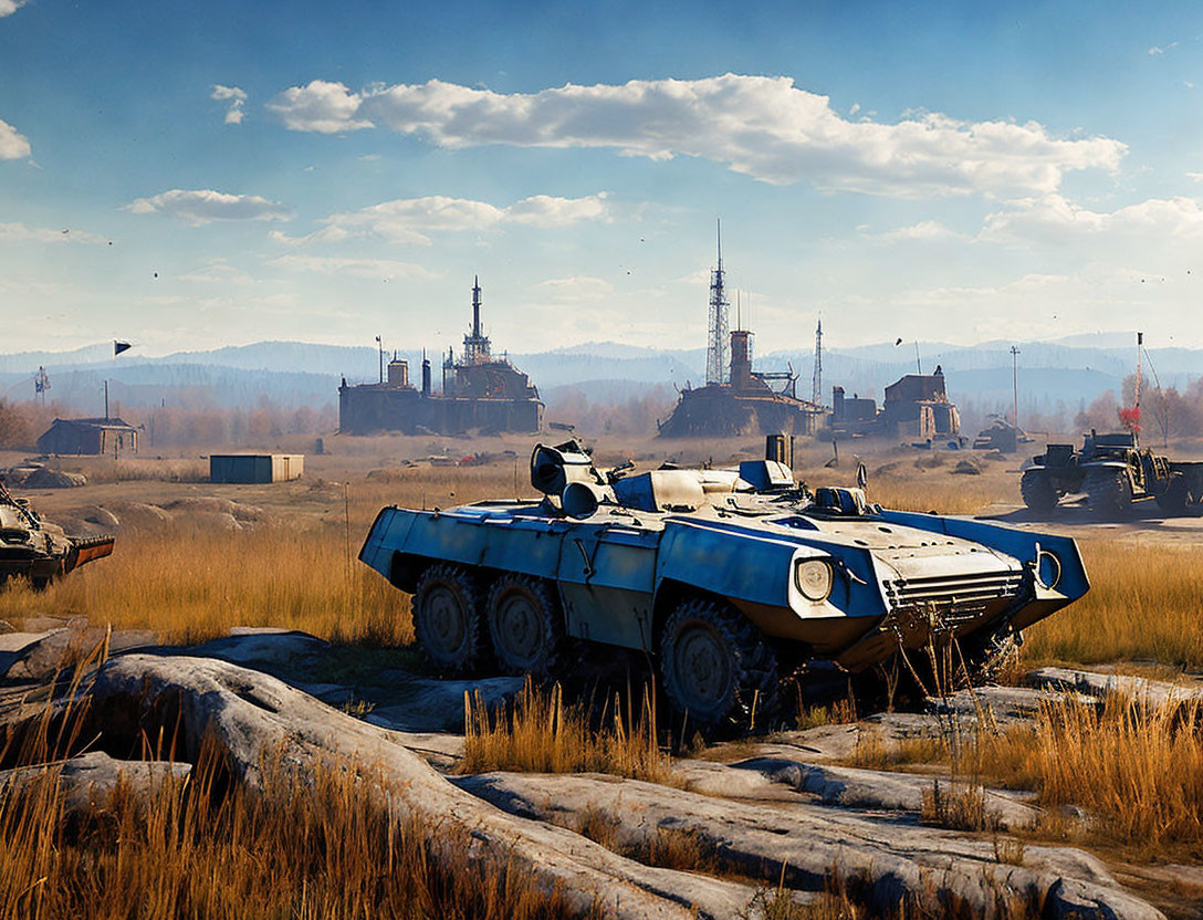 Abandoned battlefield with tanks and armored vehicles among ruins under a hazy sky