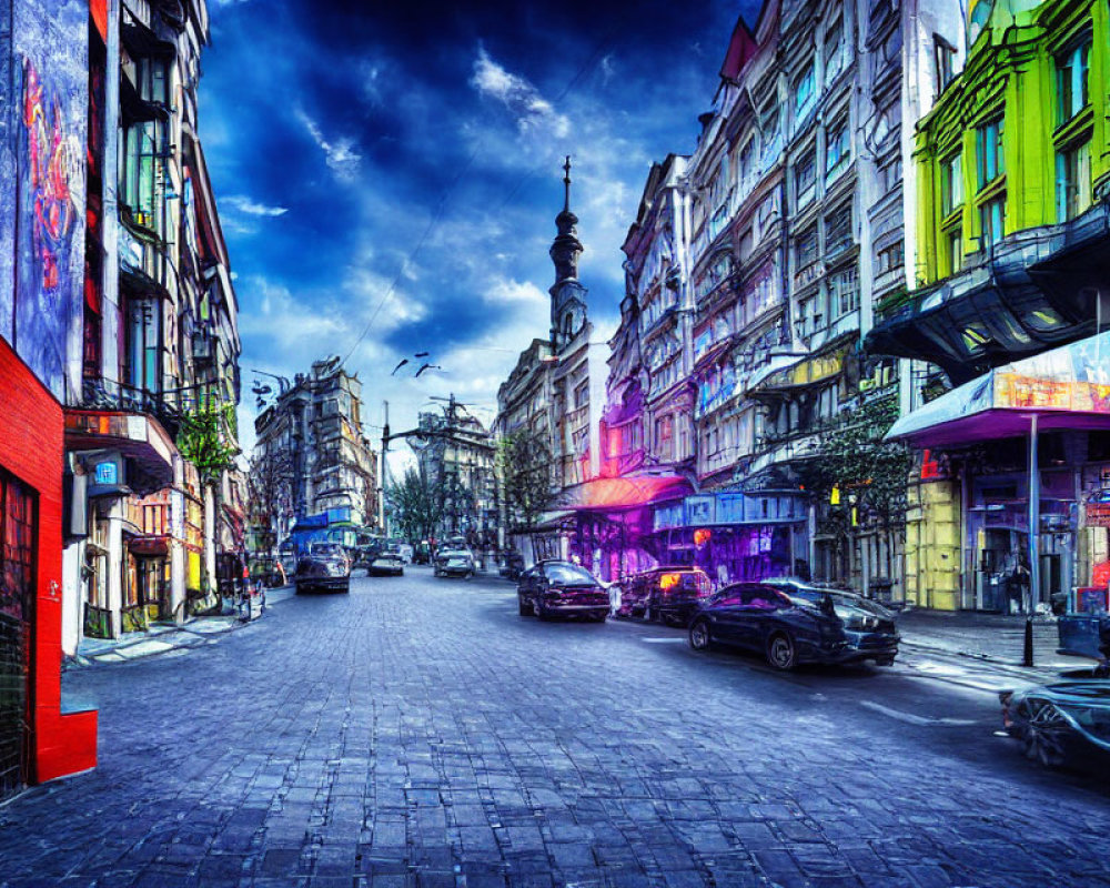 Colorful cobblestone street with vibrant buildings and parked cars under a dynamic sky