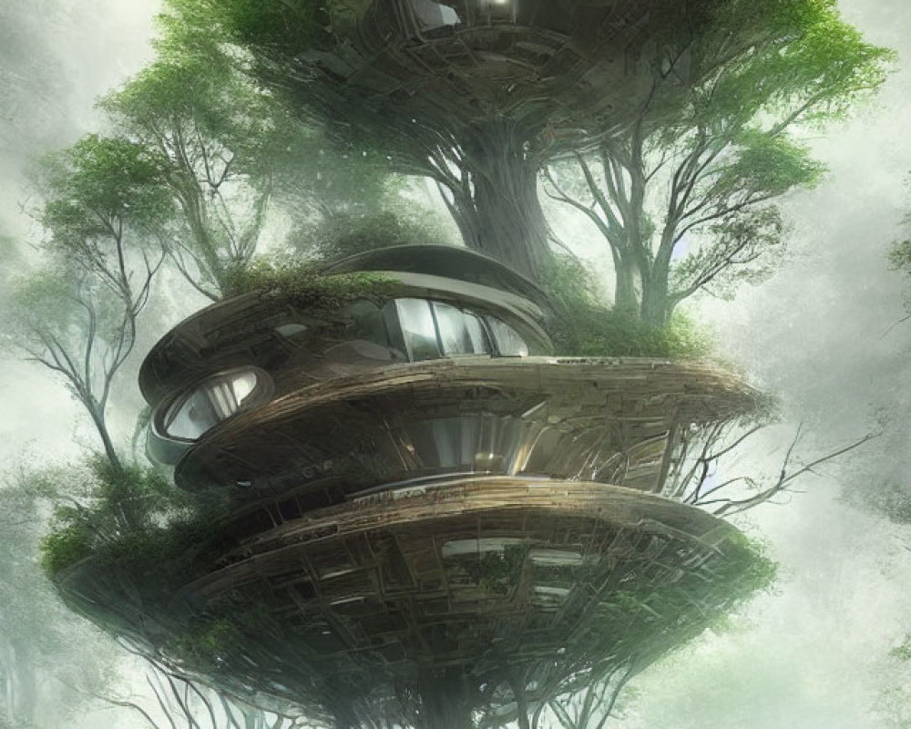 Spiraling futuristic treehouses in misty green forest