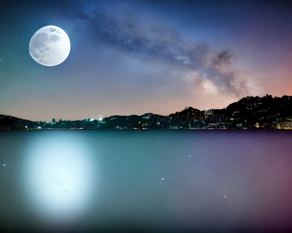 Serene coastal city nightscape with moonlit bay